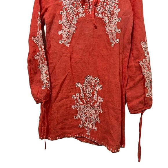 Monoreno Embroidered  100 % Linen Peasant Blouse Long Sleeve Salmon Red Small - Picture 5 of 15